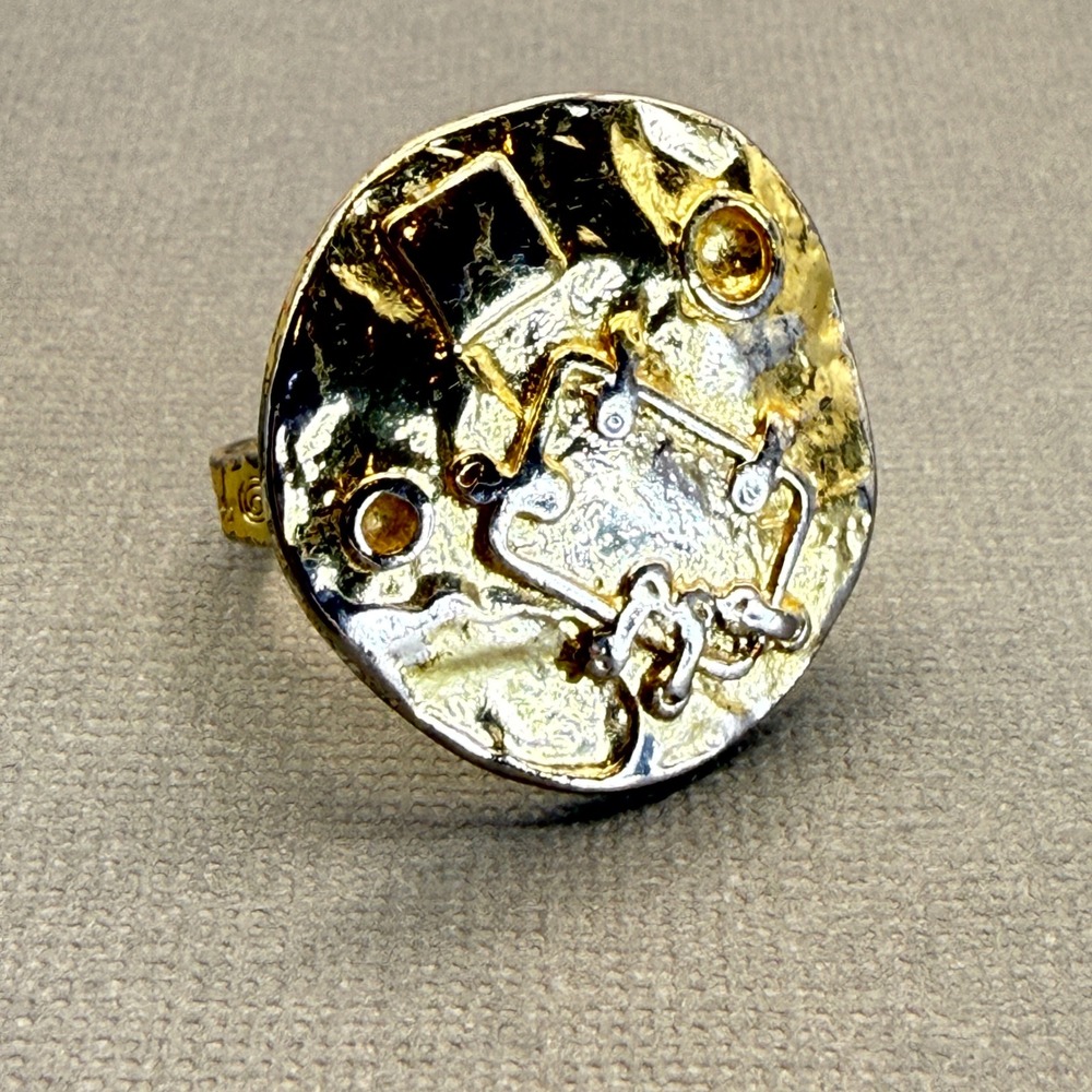 Vintage Brutalist Hammered Metal Ring Gold Tone Adjustable Marked
